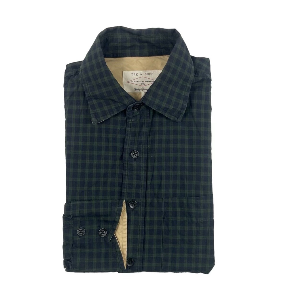 Rag & Bone Blue Green Check Metal Button Front Shirt Mens XS Tailored Workwear